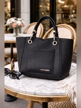 Steve Madden Black Pebbled Tote Bag NWOT Structured Silver Hardware